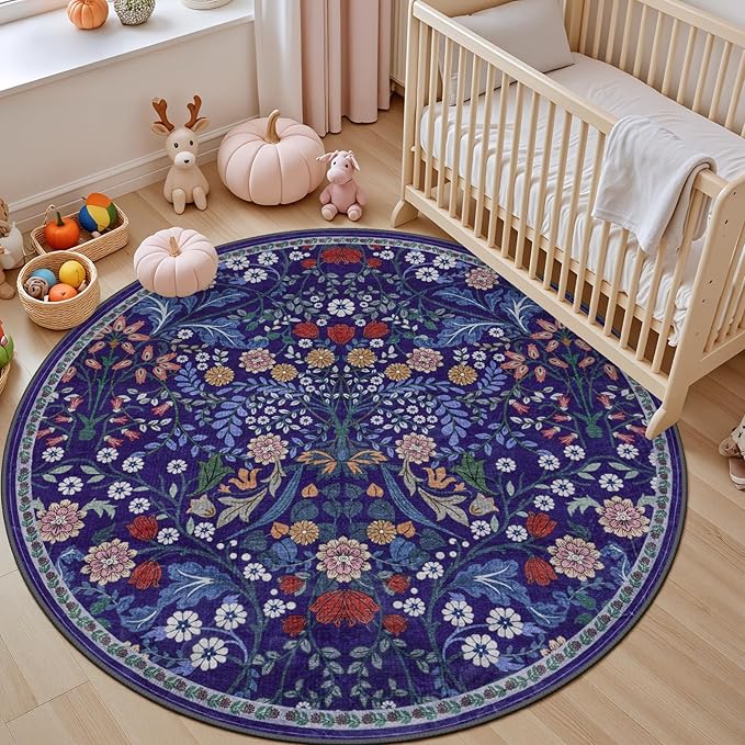 Round Area Rug for Living Room: 6 ft Floral Washable Circle Rug Soft Boho - Image 5