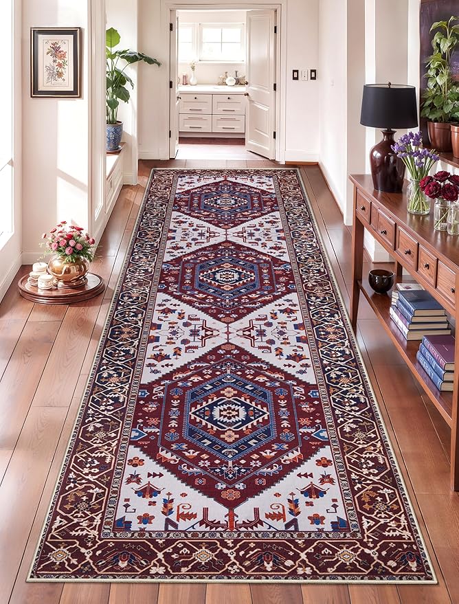 SERISSA Runner Rug for Hallways, Long Boho Rug Vintage Burgundy Navy Hallway by SERISSAHomeDecorCollection