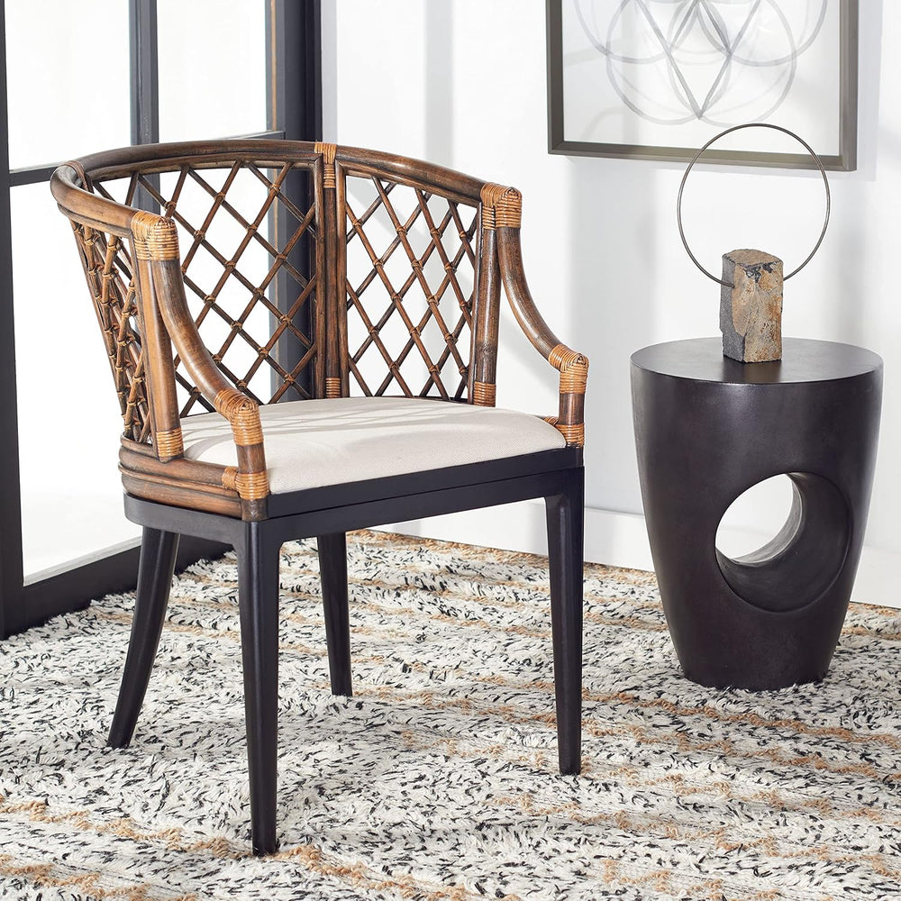 SAFAVIEH Carlotta Rattan Arm Chair 19.3”, Solid Wood Brown & Black SEA4013C
