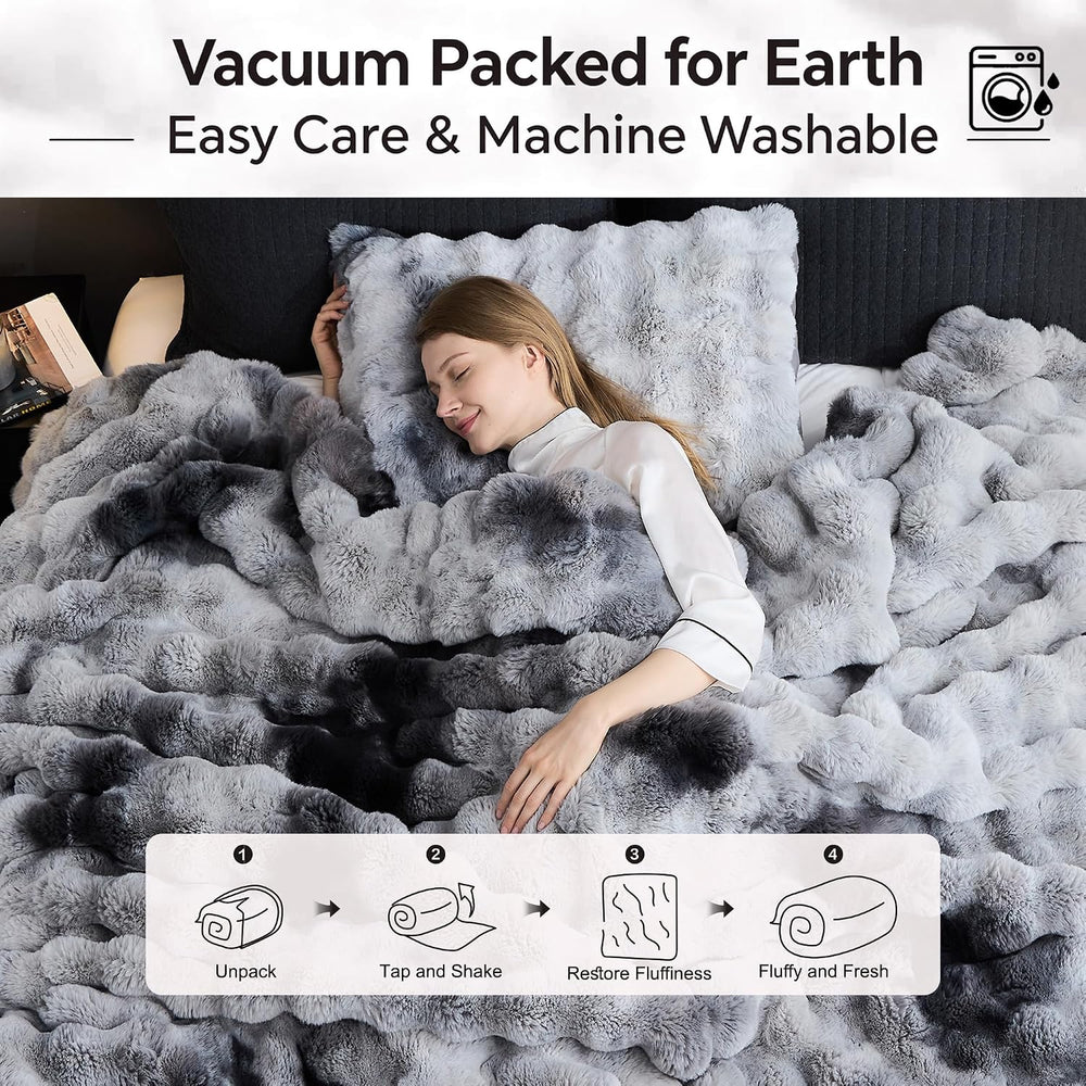 Wonderful - 3D Bubble Tie Dye Faux Rabbit Fur Comforter Set, King, Grey