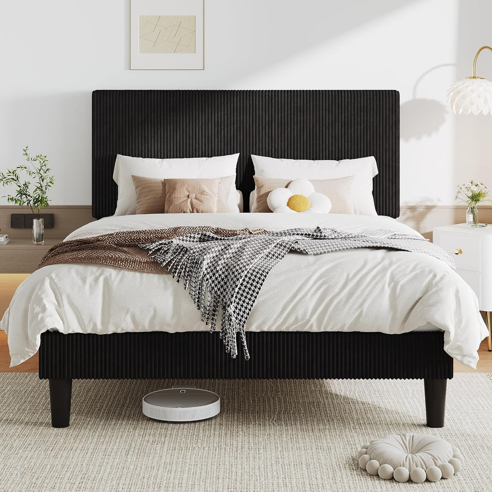 Allewie Full Bed Frame, Corduroy Tufted Headboard, Black