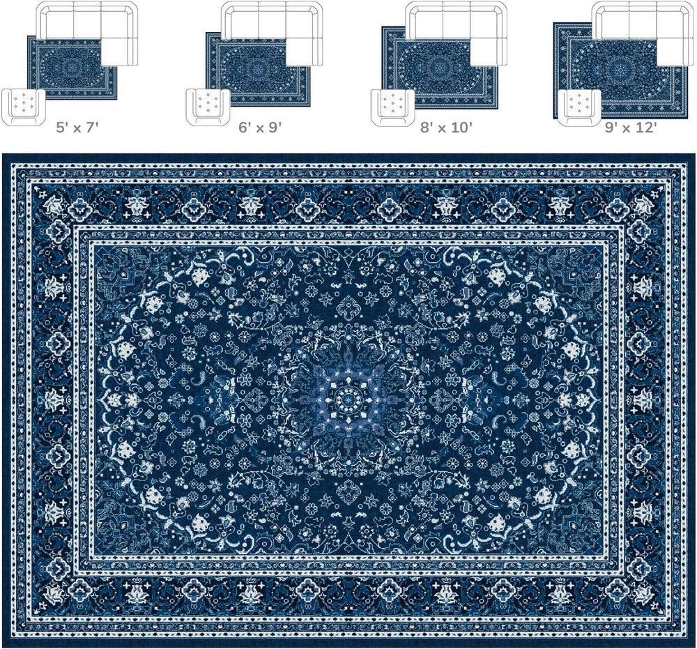 Lessymo Area Rugs 10x14 Living Room, Washable Large Rug Bedroom, Blue White