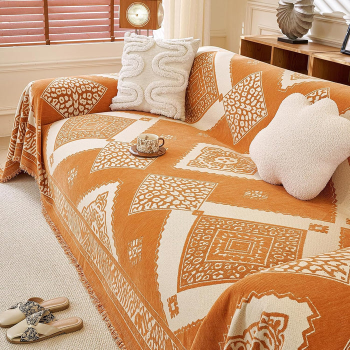 VClife Boho Cream Orange Geometric Jacquard Couch Cover for Sofa, 71 x 118 | Chenille Sofa Cover Washable, Luxury Modern Couch Covers for 2 Cushion Couch Sofa Pet Friendly, Couch Slipcover for L Shaped