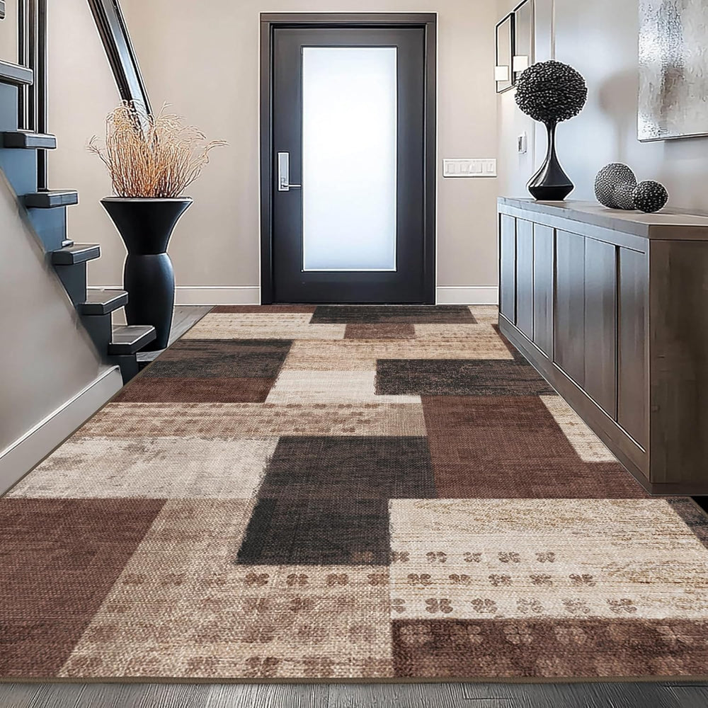 Modern Geometric Patchwork Indoor Area Rug for Living Room, Chocolate 6'x...