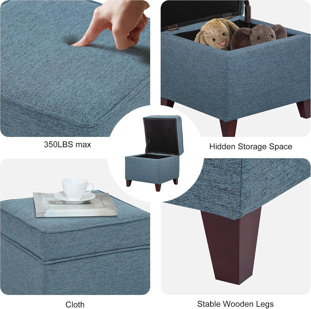 Adeco 17" Square Ottoman with Storage, Small Blue Storage Ottoman Foot R...