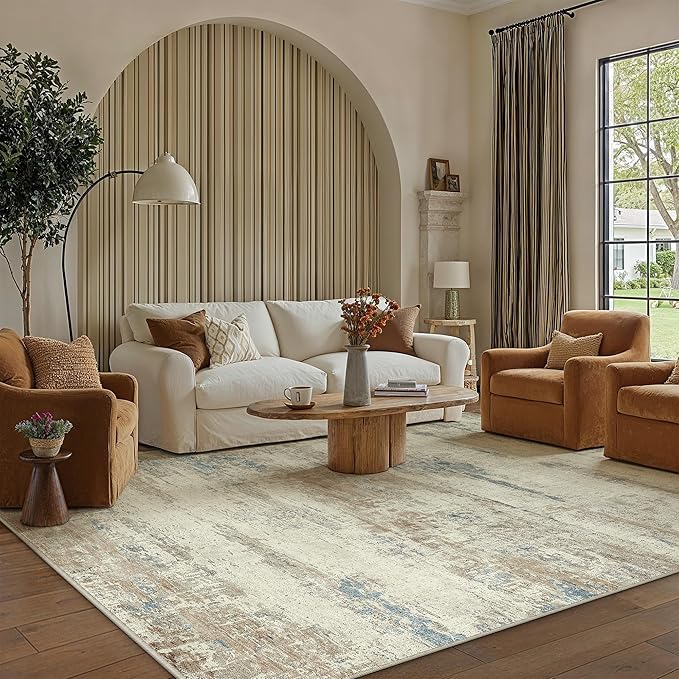 6x9 Area Rug Washable Beige Brown Abstract Living Room Carpet Non Slip Modern by PureCozy