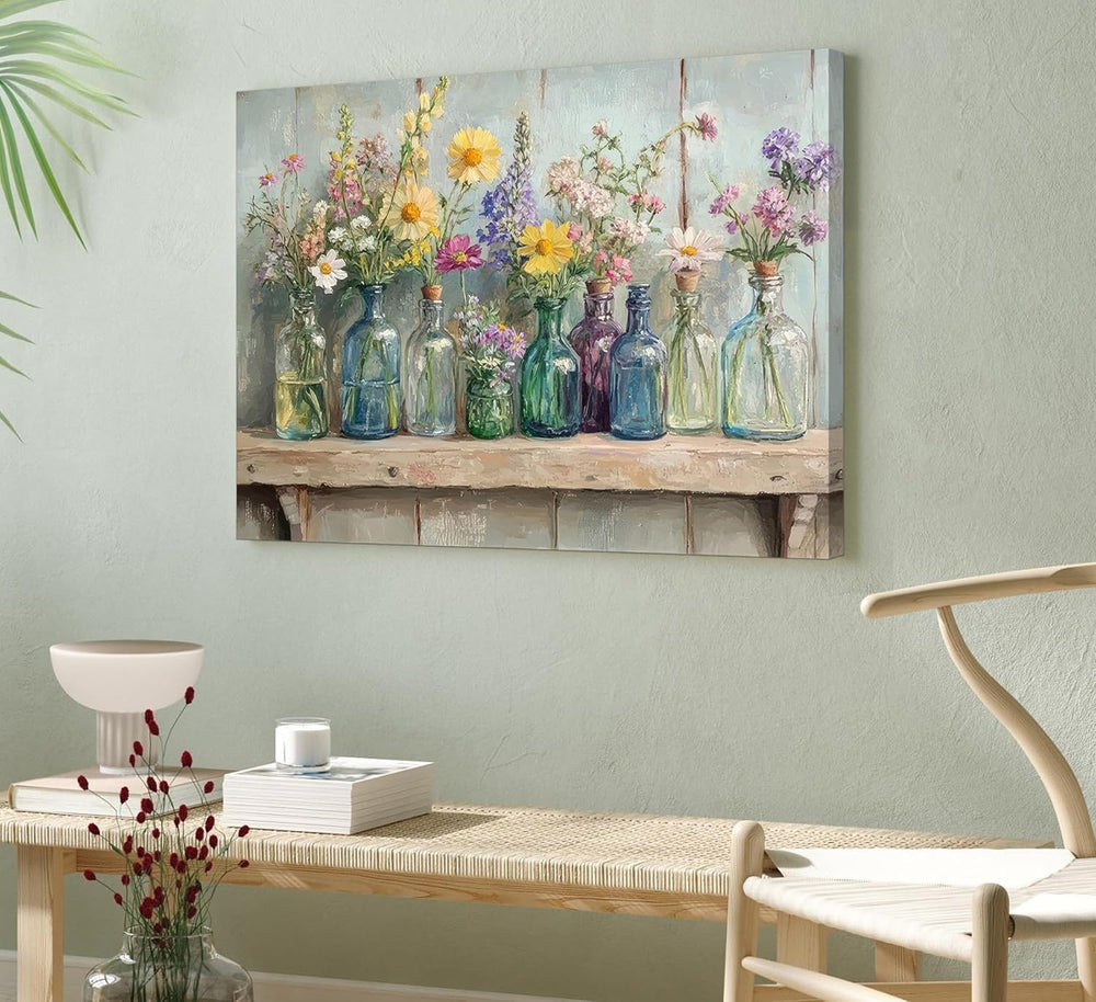 Farmhouse Flower Canvas Wall Art Wildflowers Bottles Wall Decor Rustic Plants...