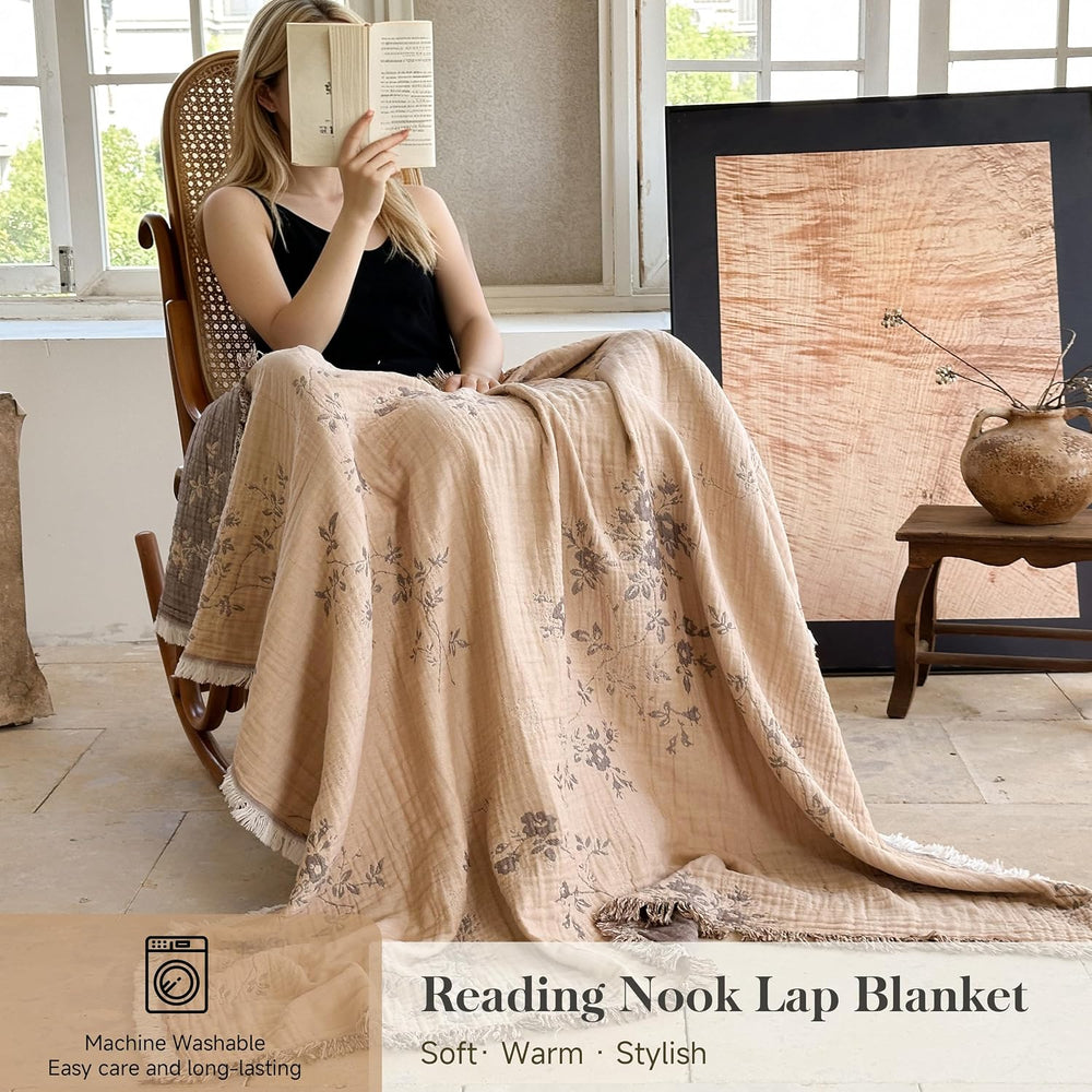 QKTE 100% Cotton Muslin Blanket King Size with Tassels, Lightweight Breathabl...