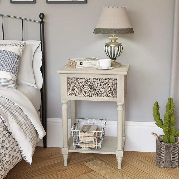 COSIEST Vintage Nightstand, MDF 2-Tier Bedside Table, Wood Accent End Table w...