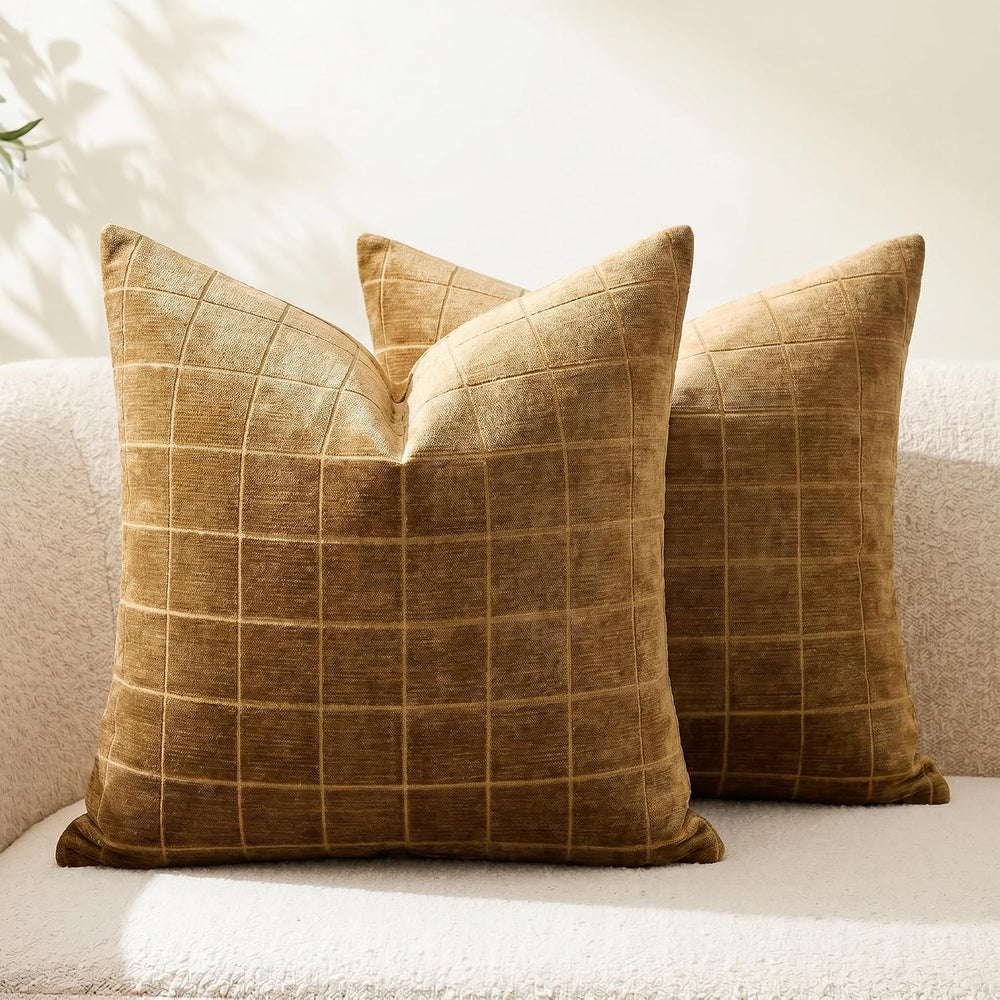 Neelvin Set of 2 Chenille Throw Pillow Covers 26x26inch Modern Large Grid Che...