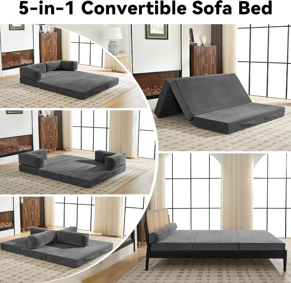 Grey 5-in-1 Convertible Sofa Bed, 78" Boneless Couch Tri Folding Mattres...