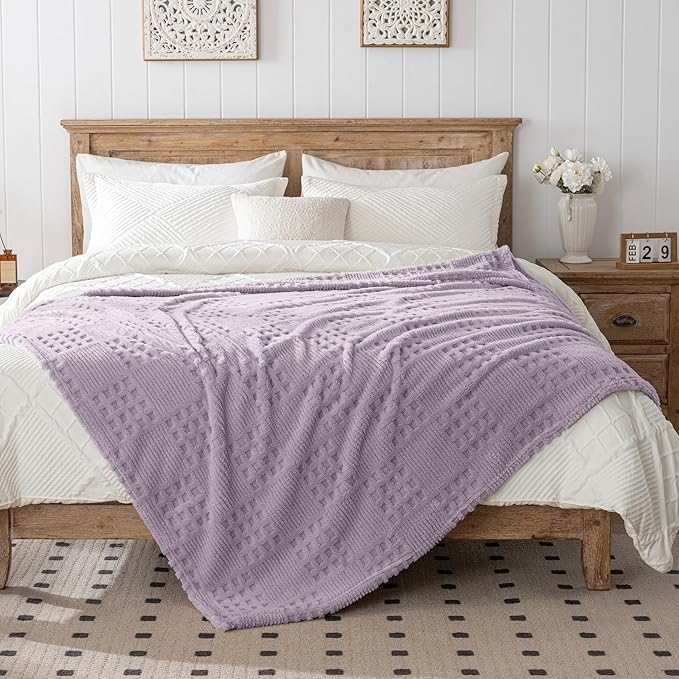 50x70 Inch Waffle Purple Throw Blanket -Fluffy Fleece, Neutral Tan Color - Image 2