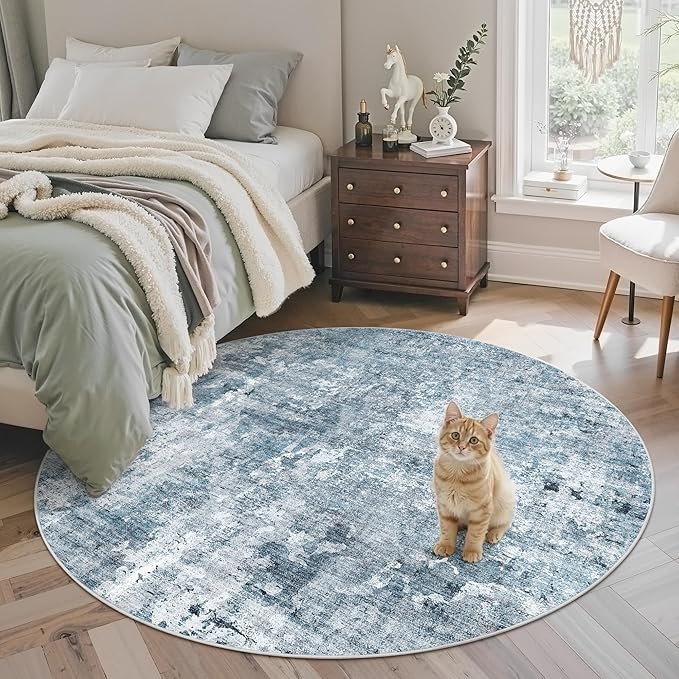6x6 Blue/Grey Round Rug 6ft Living Room Circle Rug Vintage Round Area Rug Non - Image 2