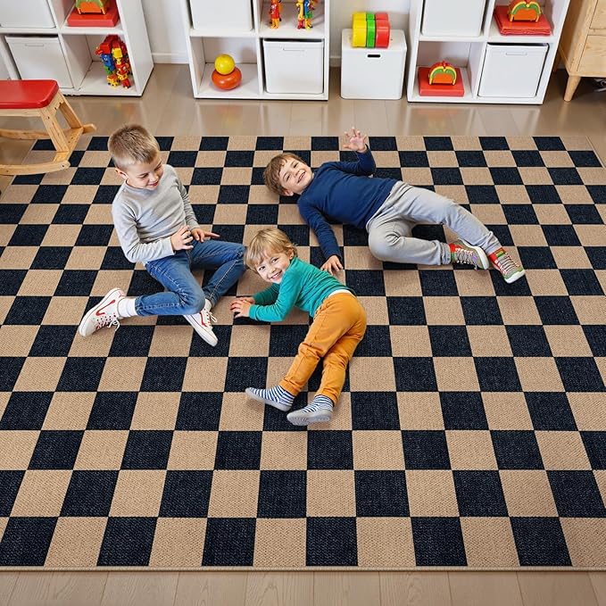 Lahome Colette Checkered Easy Jute Carpet, Washable Area Rug 6x9 Neutral - Image 3