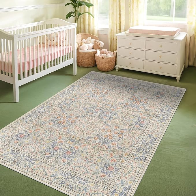 Hazo Haus Vintage Washable Beige Blue Area Rugs - Image 6