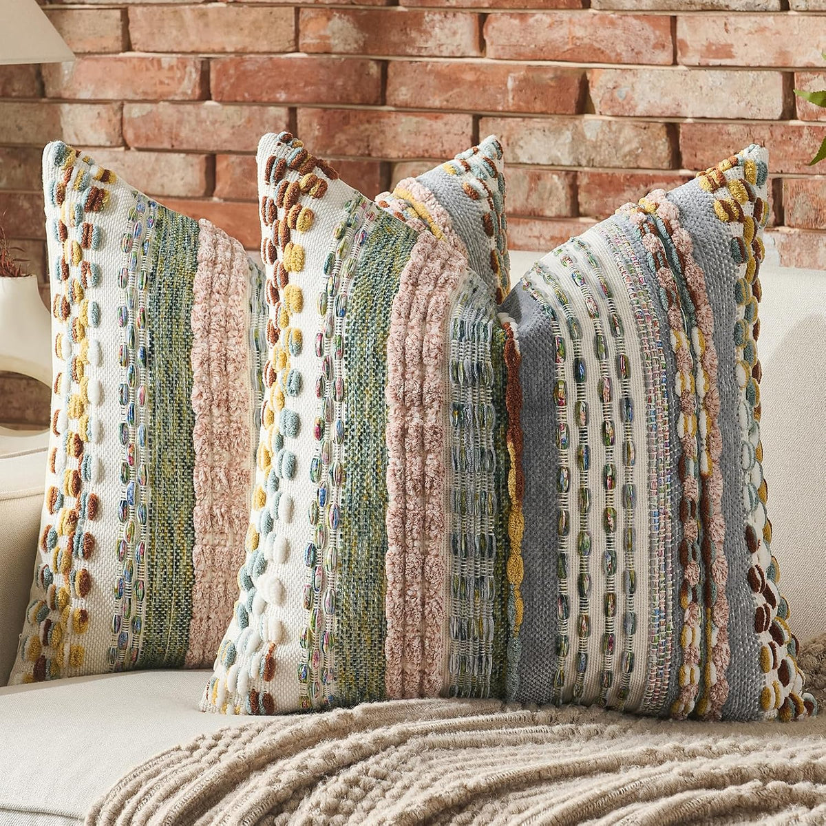 set of 2 chenille tufted striped textured boho shown in use