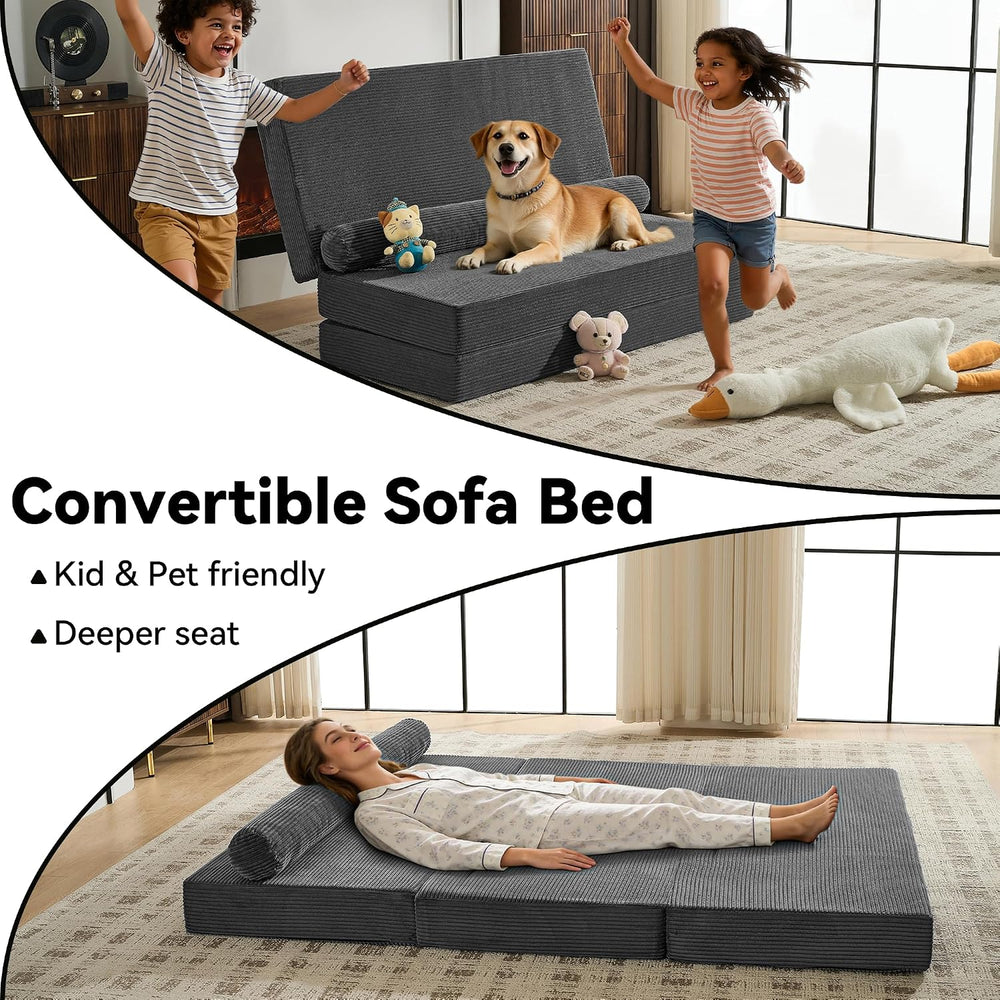 Grey 5-in-1 Convertible Sofa Bed, 78" Boneless Couch Tri Folding Mattres...