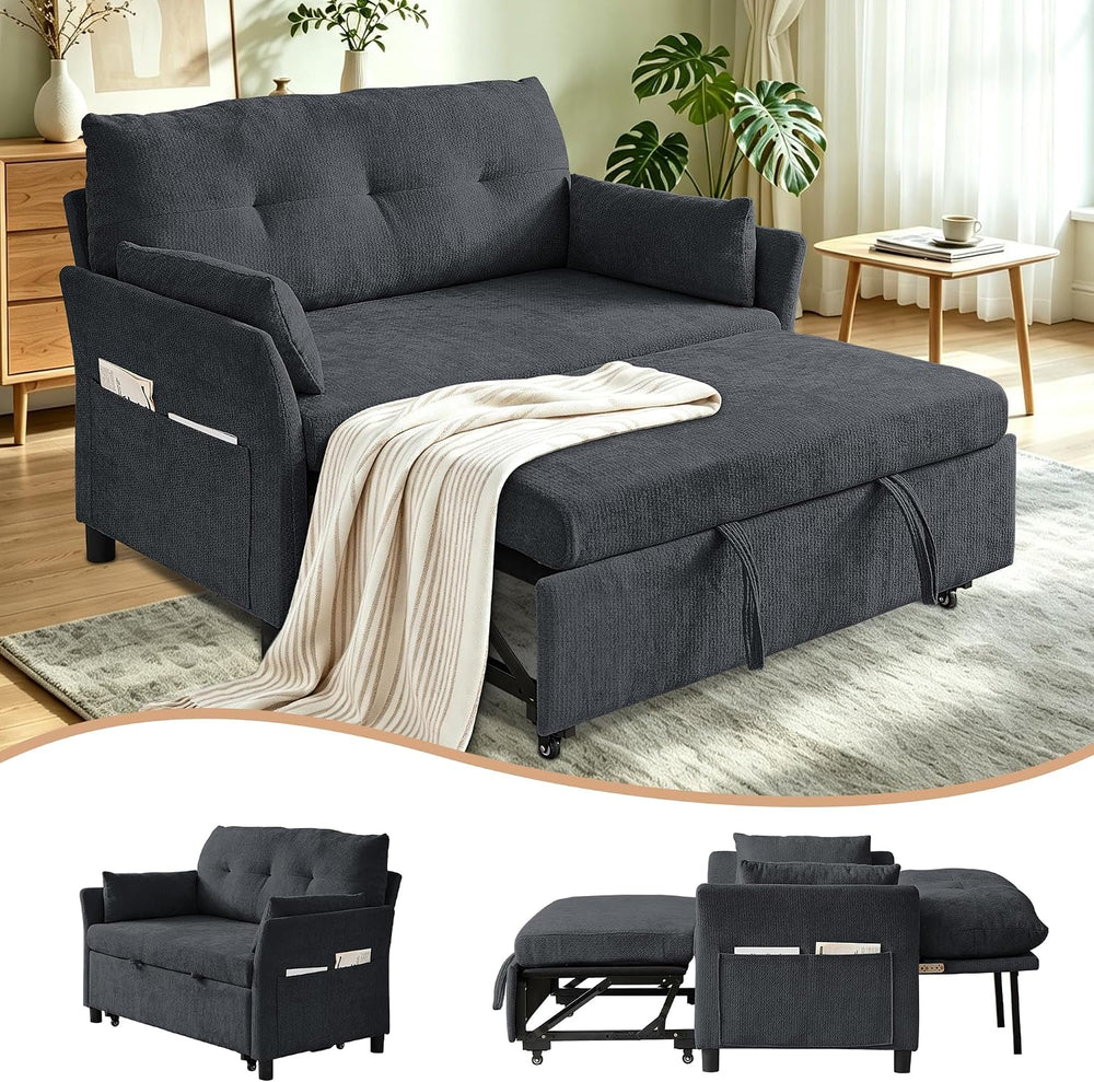 51" Sleeper Sofa Bed with Adjustable Backrest & Side Pockets, Dark Grey