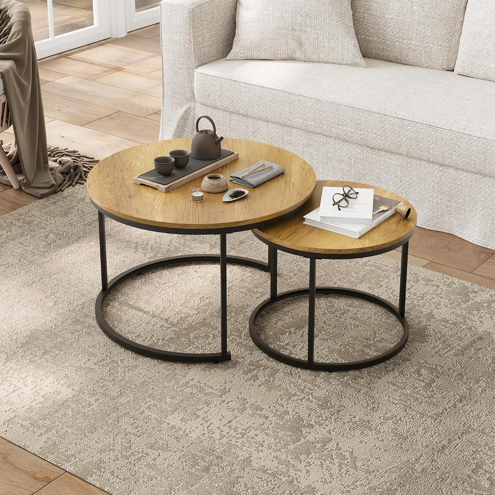 Smuxee Nesting Coffee Table Set of 2, 27.6" Round Coffee Table Wood Grai...
