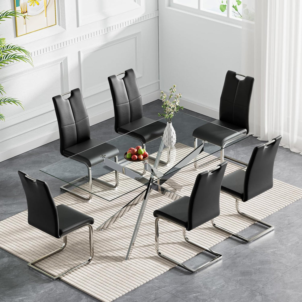 7 Piece Modern Dining Table Set of 6, 61" Tempered Glass Rectangle Dinin...