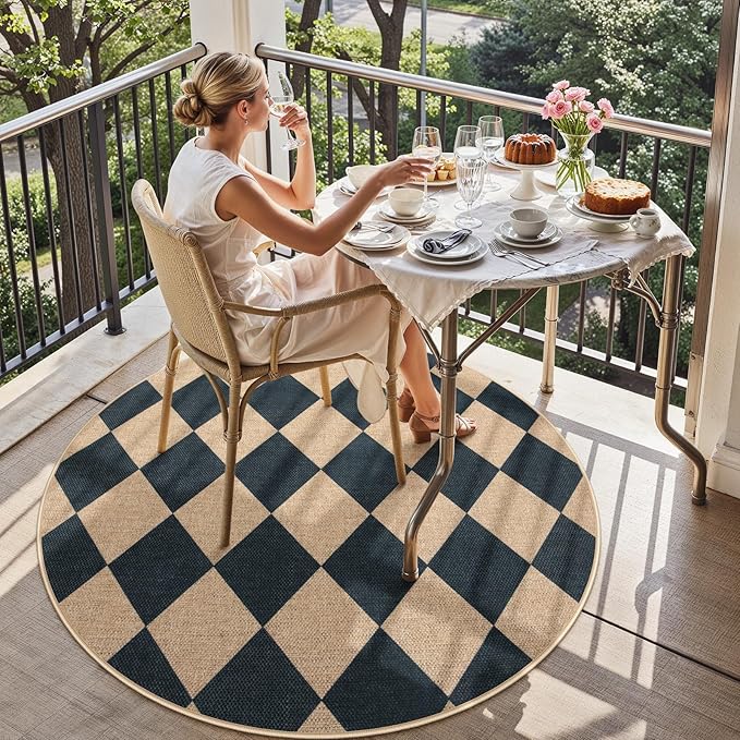 Lahome Colette Checkered Round Entryway Rug 4ft, Circle Indoor Outdoor Patio - Image 6