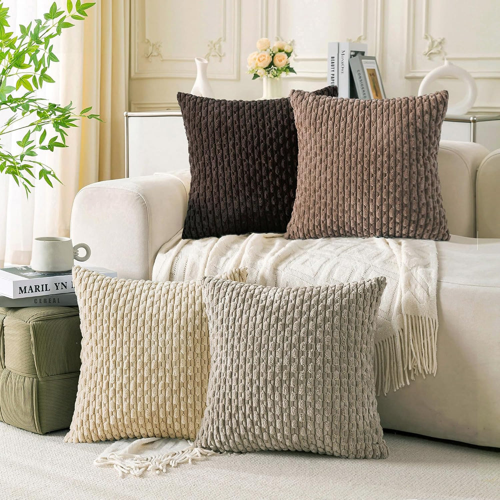 Set of 4 Beige Brown Coffee Decorative Throw Pillow Covers 20x20 Inch Corduro...
