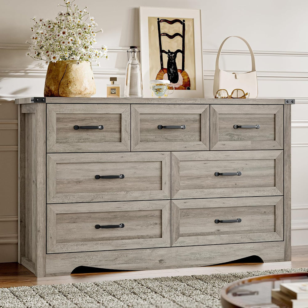 BORNOON 7-Drawer Dresser for Bedroom, Modern Wooden Chest of Drawers with Met...