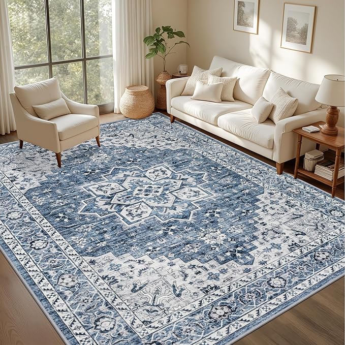 5x7 Area Rugs Living Room Rug: Washable Vintage Boho Medallion Rug No Slip - Image 3