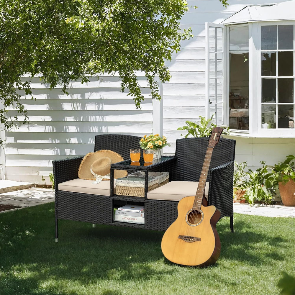 Greesum Patio Loveseat Outdoor Wicker Furniture Conversation Set,Beige