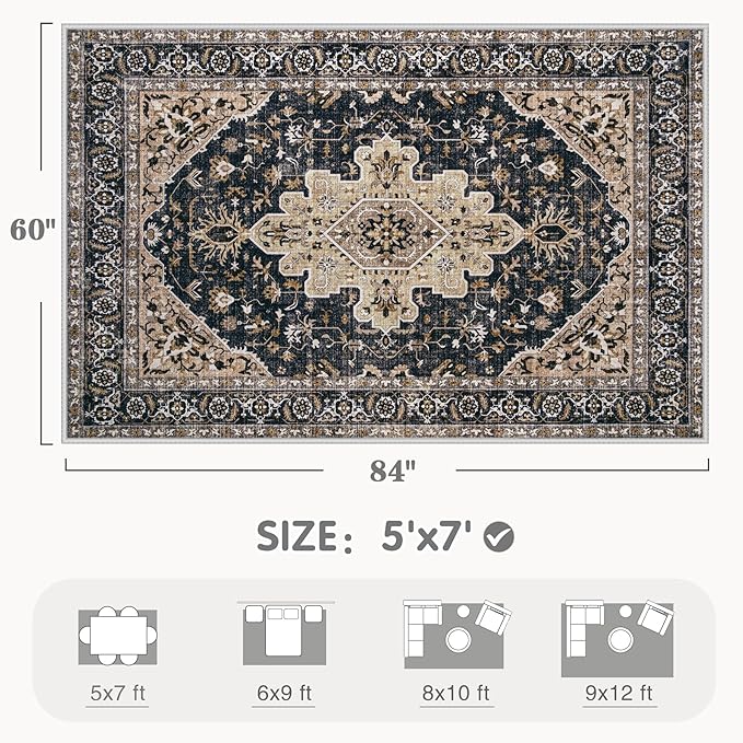 Area Rugs 5x7 Vintage Rug: Washable Living Room Rug Retro Medallion Distressed - Image 2