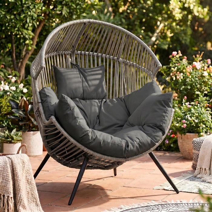 JAMFLY Egg Chair Wicker Outdoor Chairs, Oversized Patio Chair Oversized Lounger Chair with Cushion for Indoor Living Room, Bedroom, Outside Patio Backyard Balcony, Grey