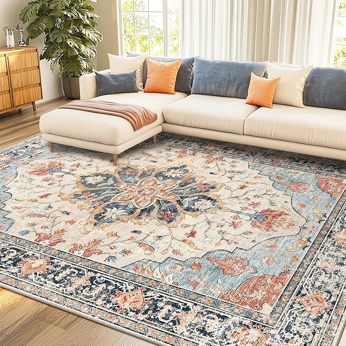 Area Rugs 8'x10' Washable Non-Slip, Floral Vintage Distress Print Pattern by RELEANY