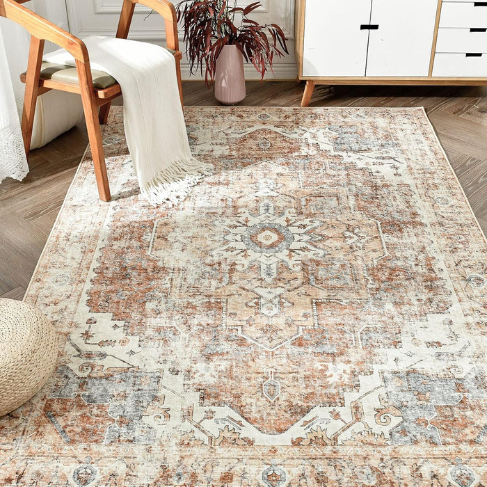 jinchan Area Rug 6x9 Washable Living Room Rug Vintage Indoor Large Floor Cover Distressed Lightweight Non-Slip Low Pile Thin Mat Accent Stain Resistant Carpet for Bedroom Dining Room Office Brick Red