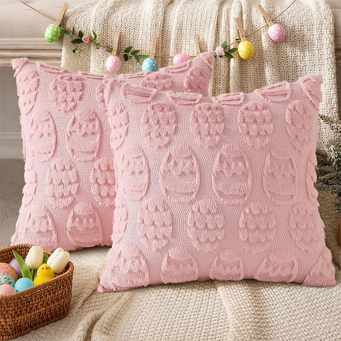 decorUhome Easter Pink Egg Pillow Covers 16x16 Inch Set of 2, Soft Plush Faux - Image 4