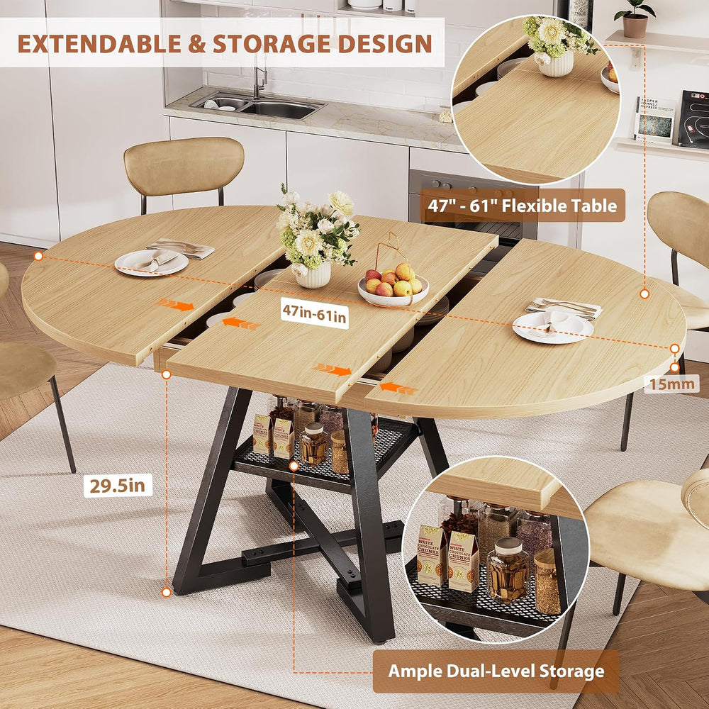 Extendable Round Dining Table for 4-8, Round to Oval Dining Table with Open S...