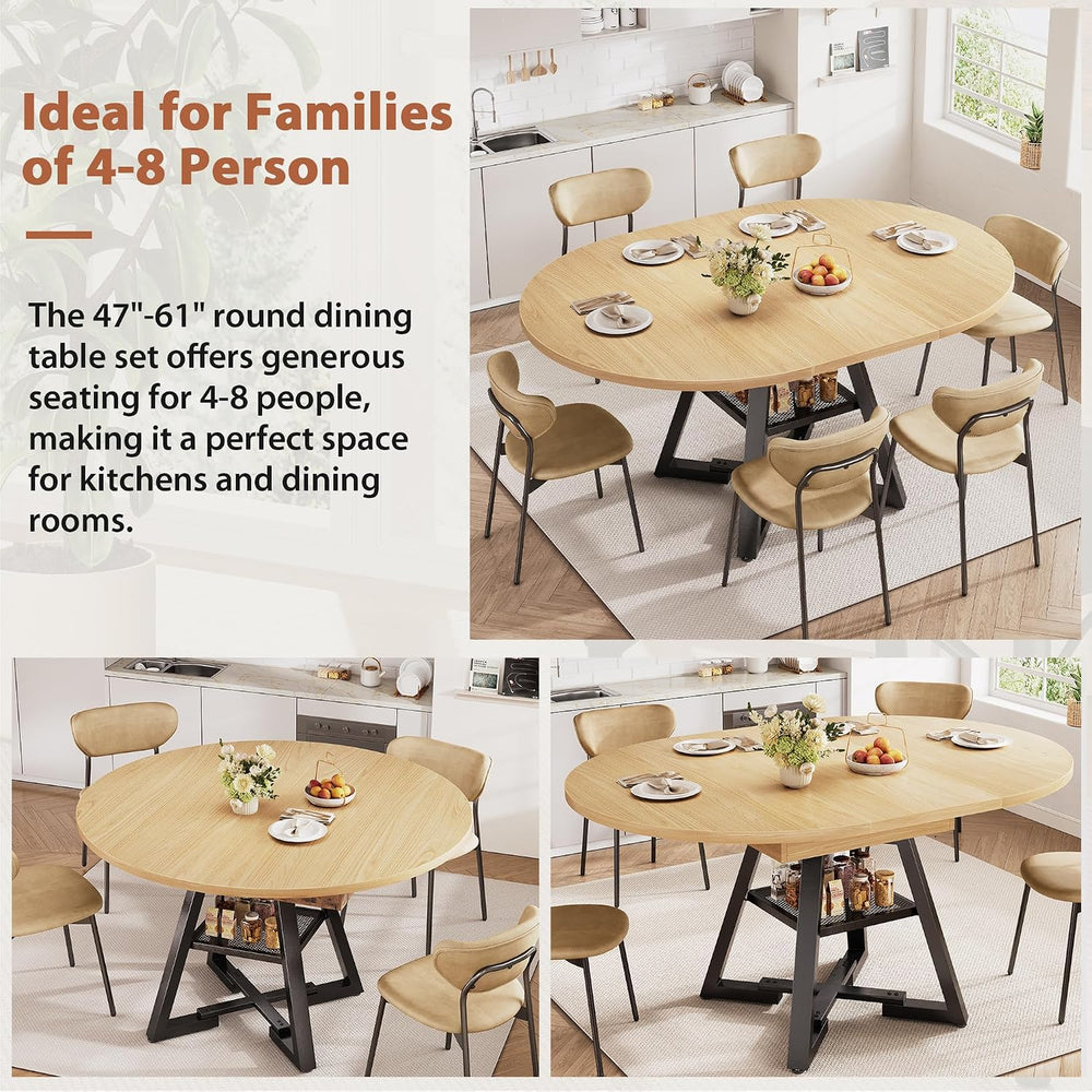 Extendable Round Dining Table for 4-8, Round to Oval Dining Table with Open S...