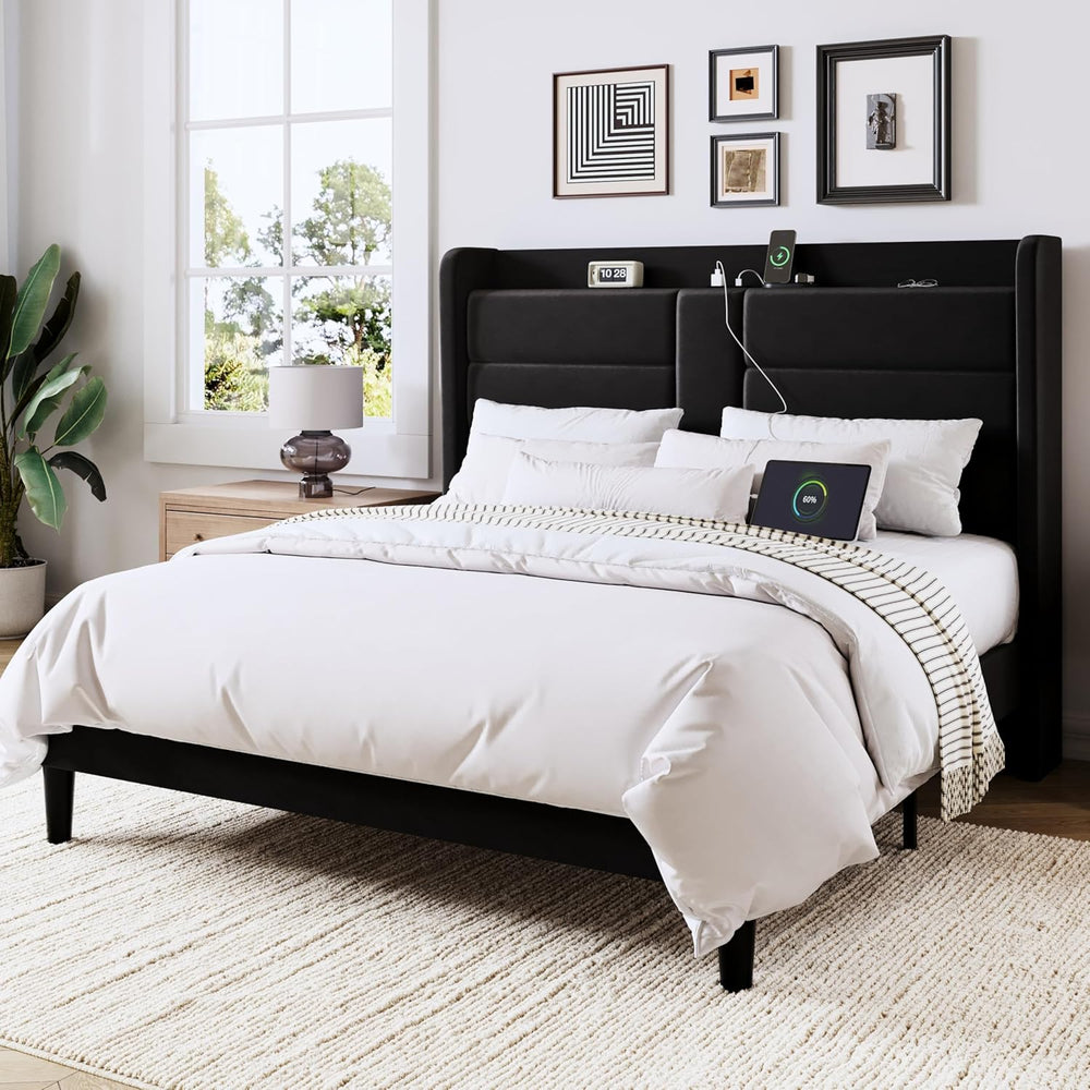 Allewie Full Size Platform Bed Frame with Charging Station & Storage Head...