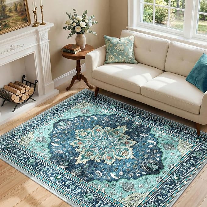 RELEANY Area Rugs 4'x6' Washable Non-Slip, Floral Vintage Distress Print by RELEANY