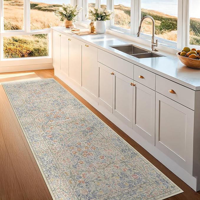 Vintage Beige Blue 2'6" x 8' Runner Rug - Image 3