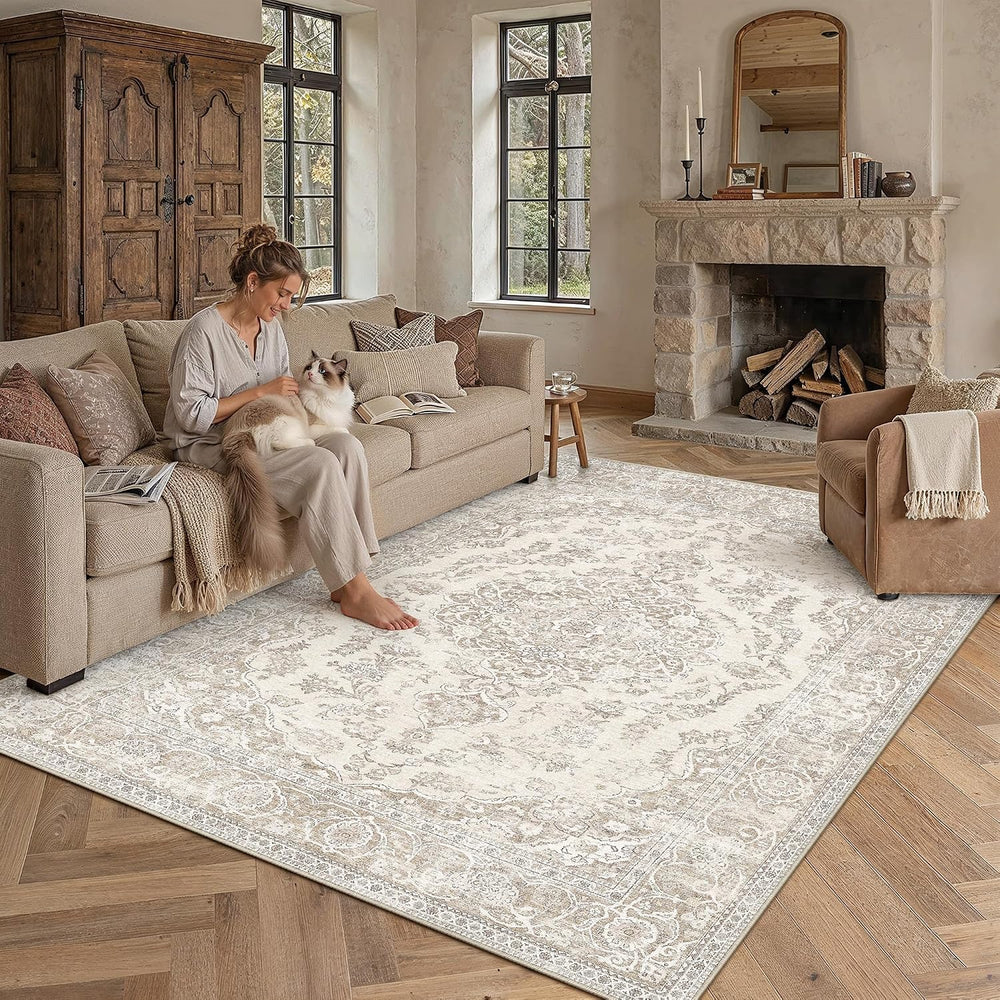 PureCozy Beige 8x10 Area Rug Washable Vintage Distressed