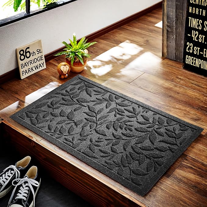 Grey Leaves Outdoor Indoor Entrance Doormats, Absorbent Durable Heavy Duty - Image 4