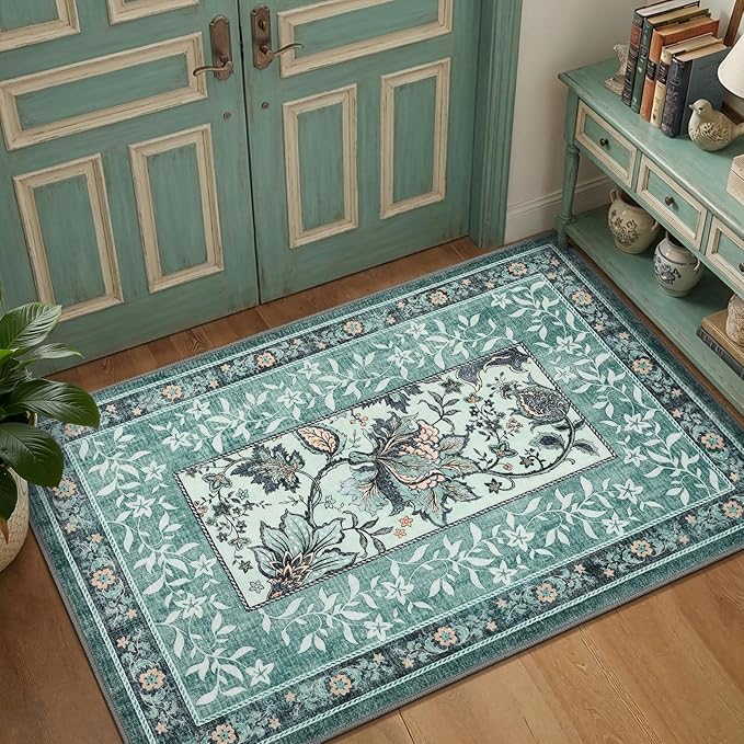 GarveeHome Teal Washable 5x7 Area Rugs, Botanical Grove Vintage Cottage core - Image 5