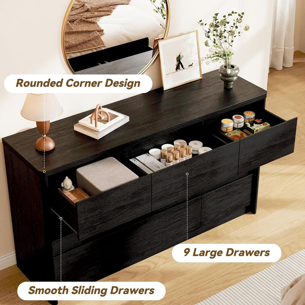 Black Dresser for Bedroom, 55" Wide Mid Century Modern Chest of Drawers ...