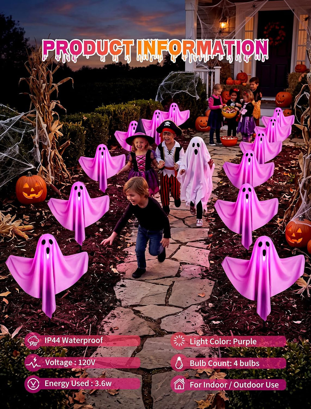 11.5Ft Halloween Light up Outdoor Ghost Pathway Lights, 4PK Purple Lights