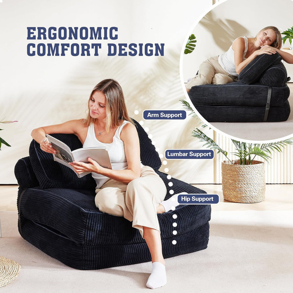 Folding Sofa Bed, Flannel Futon Couch Bed with Pillow and Blanket, Convertibl...