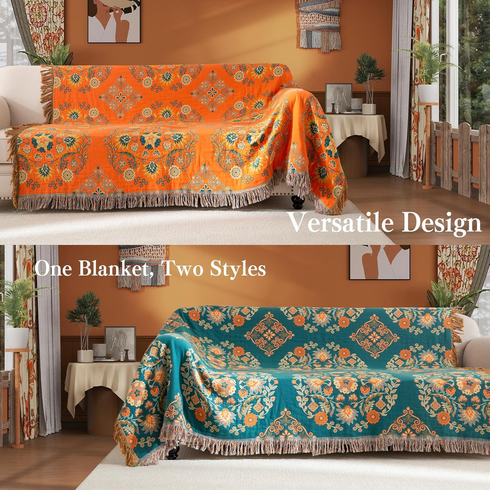 Phuryllic Boho Throw Blanket Twin Size, Soft Cozy Cotton Muslin Quilt Blanket...