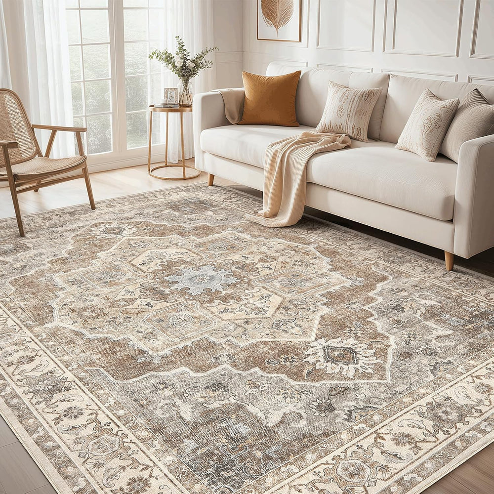 Washable Area Rug-9X12 Vintage Neutral Soft Beige Brown
