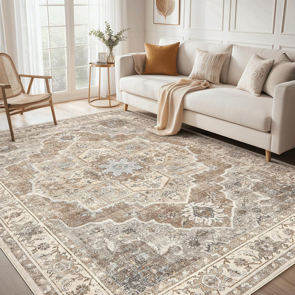 Washable Area Rug-8X10 Vintage Neutral Soft Beige Brown