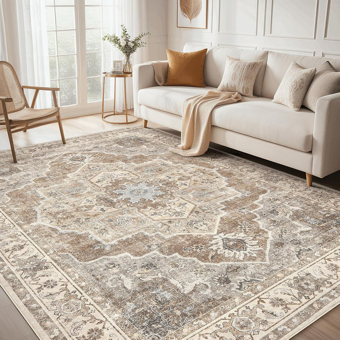 Washable Area Rug-8X10 Vintage Neutral Soft Beige Brown