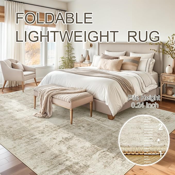 Soalmost Abstract Rug 5x7 Machine Washable Area Indoor Beige Gray White Low - Image 8